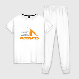 Женская пижама хлопок с принтом Vaccinated в Екатеринбурге, 100% хлопок | брюки и футболка прямого кроя, без карманов, на брюках мягкая резинка на поясе и по низу штанин | coronavirus | covid19 | virus | вакцина | вакцинация | вирус | грипп | заражение | здоровье | иммунитет | инфекция | карантин | корона | коронавирус | маска | пандемия | прививка | самоизоляция | спутник