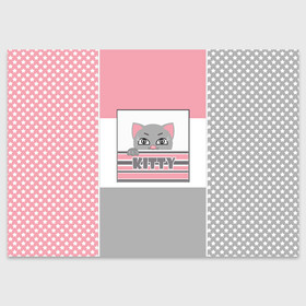 Поздравительная открытка с принтом Котенок . Kitty в Екатеринбурге, 100% бумага | плотность бумаги 280 г/м2, матовая, на обратной стороне линовка и место для марки
 | детская иллюстрация | детский | для девочки | звезды | кот | маленький котенок | малышам | розовый | серый | серый и розовый