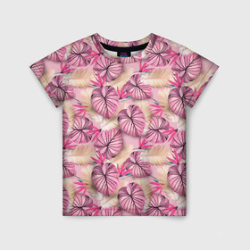 Детская футболка 3D с принтом Розовый тропический узор в Екатеринбурге, 100% гипоаллергенный полиэфир | прямой крой, круглый вырез горловины, длина до линии бедер, чуть спущенное плечо, ткань немного тянется | бежевый | листья | пальмовые листья | розовые цветы | розовый | тропические цветы | цветочный