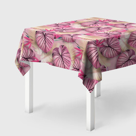 Скатерть 3D с принтом Розовый тропический узор в Екатеринбурге, 100% полиэстер (ткань не мнется и не растягивается) | Размер: 150*150 см | бежевый | листья | пальмовые листья | розовые цветы | розовый | тропические цветы | цветочный