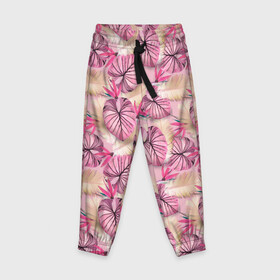 Детские брюки 3D с принтом Розовый тропический узор в Екатеринбурге, 100% полиэстер | манжеты по низу, эластичный пояс регулируется шнурком, по бокам два кармана без застежек, внутренняя часть кармана из мелкой сетки | бежевый | листья | пальмовые листья | розовые цветы | розовый | тропические цветы | цветочный