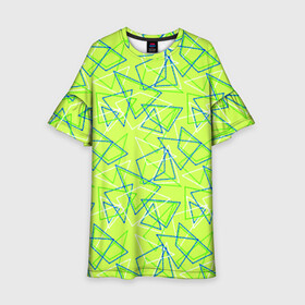 Детское платье 3D с принтом Абстрактный неоновый зеленый в Екатеринбурге, 100% полиэстер | прямой силуэт, чуть расширенный к низу. Круглая горловина, на рукавах — воланы | абстрактный | геометрический | детский | зеленый | летний | неоновый | ретро | треугольники