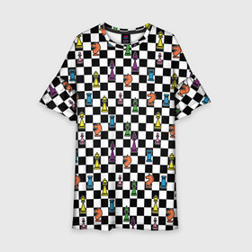 Детское платье 3D с принтом Яркая шахматная доска в Екатеринбурге, 100% полиэстер | прямой силуэт, чуть расширенный к низу. Круглая горловина, на рукавах — воланы | Тематика изображения на принте: клетка | орнамент | паттерн | спорт | узор | цветной | черно белая клетка | черно белое | черно белый принт | шахматная доска | шахматная клетка | шахматные фигуры | шахматы
