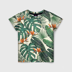Детская футболка 3D с принтом Тропический паттерн в Екатеринбурге, 100% гипоаллергенный полиэфир | прямой крой, круглый вырез горловины, длина до линии бедер, чуть спущенное плечо, ткань немного тянется | Тематика изображения на принте: азия | акварель | акварельный | банановые листья | ботанический | винтажный | зеленый | иллюстрация | лес | летний | лето | монстера | оранжевый | отпуск | пальмовые листья | стрелиция | тропики