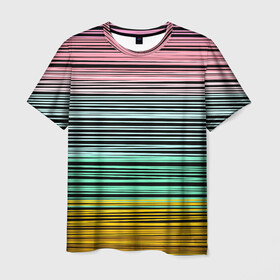 Мужская футболка 3D с принтом Модный полосатый узор  в Екатеринбурге, 100% полиэфир | прямой крой, круглый вырез горловины, длина до линии бедер | желтый | модный | молодежный | разноцветные линии | разноцветный полосатый | розовый | салатовый | современный