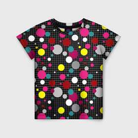 Детская футболка 3D с принтом Разноцветный горох на черном  в Екатеринбурге, 100% гипоаллергенный полиэфир | прямой крой, круглый вырез горловины, длина до линии бедер, чуть спущенное плечо, ткань немного тянется | в горох | детский | для детей | желтый горох | клетка | красный | малышам | мальчиковый узор | разноцветный горох | темный | черный