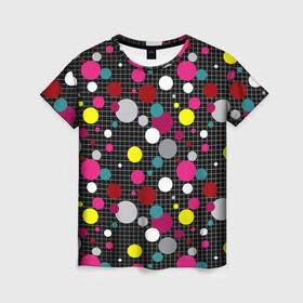 Женская футболка 3D с принтом Разноцветный горох на черном  в Екатеринбурге, 100% полиэфир ( синтетическое хлопкоподобное полотно) | прямой крой, круглый вырез горловины, длина до линии бедер | в горох | детский | для детей | желтый горох | клетка | красный | малышам | мальчиковый узор | разноцветный горох | темный | черный