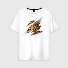 Женская футболка хлопок Oversize с принтом Тигр в Екатеринбурге, 100% хлопок | свободный крой, круглый ворот, спущенный рукав, длина до линии бедер
 | большая кошка | животные. дикая кошка | звери | порезы | тигр | хищник | царапины