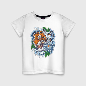 Детская футболка хлопок с принтом Тигр в цветах в Екатеринбурге, 100% хлопок | круглый вырез горловины, полуприлегающий силуэт, длина до линии бедер | Тематика изображения на принте: волны | голова тигра | дикая кошка | животные | крупная кошка | тигр | хищник | хризантема | цветы