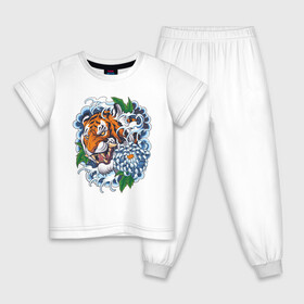 Детская пижама хлопок с принтом Тигр в цветах в Екатеринбурге, 100% хлопок |  брюки и футболка прямого кроя, без карманов, на брюках мягкая резинка на поясе и по низу штанин
 | Тематика изображения на принте: волны | голова тигра | дикая кошка | животные | крупная кошка | тигр | хищник | хризантема | цветы