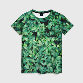 Женская футболка 3D с принтом Барвинок  в Екатеринбурге, 100% полиэфир ( синтетическое хлопкоподобное полотно) | прямой крой, круглый вырез горловины, длина до линии бедер | art | ветви. | зелень | листья | натуральное | природа | растение