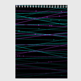 Скетчбук с принтом Неоновые тонкие нити  в Екатеринбурге, 100% бумага
 | 48 листов, плотность листов — 100 г/м2, плотность картонной обложки — 250 г/м2. Листы скреплены сверху удобной пружинной спиралью | детский | любовь | неоновый узор | полосы | сердечки | сердце | темный | тонкие полоски | черный