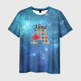 Мужская футболка 3D с принтом Монограмма Алина в Екатеринбурге, 100% полиэфир | прямой крой, круглый вырез горловины, длина до линии бедер | буква а | детский | красные цветы | молодежный | монограмма | синий | цветы