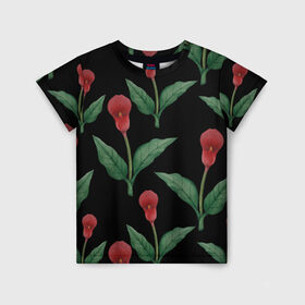 Детская футболка 3D с принтом Красные каллы на черном в Екатеринбурге, 100% гипоаллергенный полиэфир | прямой крой, круглый вырез горловины, длина до линии бедер, чуть спущенное плечо, ткань немного тянется | 8 марта | flowers | march 8 | spring | ботаническая иллюстрация | весна | день рождения | зеленый | каллы | красный | лето | любовь | праздник | принт | природа | растения | цветы | черный