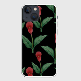 Чехол для iPhone 13 mini с принтом Красные каллы на черном в Екатеринбурге,  |  | 8 марта | flowers | march 8 | spring | ботаническая иллюстрация | весна | день рождения | зеленый | каллы | красный | лето | любовь | праздник | принт | природа | растения | цветы | черный