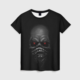 Женская футболка 3D с принтом ВЗГЛЯД ИЗ ТЕМНОТЫ, в Екатеринбурге, 100% полиэфир ( синтетическое хлопкоподобное полотно) | прямой крой, круглый вырез горловины, длина до линии бедер | балаклава | взгляд | глаза | зомби | маска | мертвец | минимализм | темнота | череп