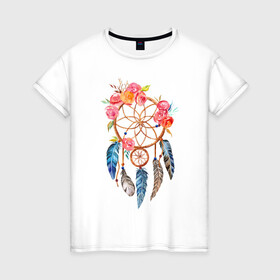 Женская футболка хлопок с принтом Ловец снов в Екатеринбурге, 100% хлопок | прямой крой, круглый вырез горловины, длина до линии бедер, слегка спущенное плечо | акварель | ловец снов | перья | рисунок | цветы