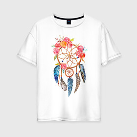 Женская футболка хлопок Oversize с принтом Ловец снов в Екатеринбурге, 100% хлопок | свободный крой, круглый ворот, спущенный рукав, длина до линии бедер
 | акварель | ловец снов | перья | рисунок | цветы