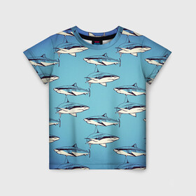 Детская футболка 3D с принтом Акулы Паттерн в Екатеринбурге, 100% гипоаллергенный полиэфир | прямой крой, круглый вырез горловины, длина до линии бедер, чуть спущенное плечо, ткань немного тянется | shark | акулы | иллюстрация | морские жители | морские обитатели | паттерн | рисунок | рыбы