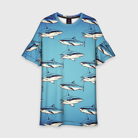 Детское платье 3D с принтом Акулы Паттерн в Екатеринбурге, 100% полиэстер | прямой силуэт, чуть расширенный к низу. Круглая горловина, на рукавах — воланы | shark | акулы | иллюстрация | морские жители | морские обитатели | паттерн | рисунок | рыбы