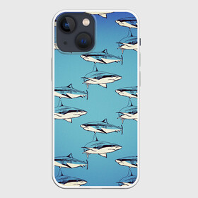 Чехол для iPhone 13 mini с принтом Акулы Паттерн в Екатеринбурге,  |  | shark | акулы | иллюстрация | морские жители | морские обитатели | паттерн | рисунок | рыбы