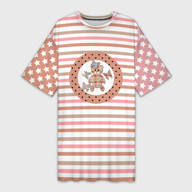Платье-футболка 3D с принтом Милый мишка с бабочками в Екатеринбурге,  |  | бабочки | бежевый | звезды | малышам | медвежонок | мишка тедди | пижама | полосатый | полосы | розовые полосы