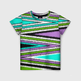 Детская футболка 3D с принтом Абстрактный асимметричный  в Екатеринбурге, 100% гипоаллергенный полиэфир | прямой крой, круглый вырез горловины, длина до линии бедер, чуть спущенное плечо, ткань немного тянется | Тематика изображения на принте: асимметричный | бирюзовый молодежный | комбинированный | косые полосы | креативный | мужской | темный | фиолетовый | штрихи