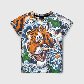 Детская футболка 3D с принтом Тигр в Екатеринбурге, 100% гипоаллергенный полиэфир | прямой крой, круглый вырез горловины, длина до линии бедер, чуть спущенное плечо, ткань немного тянется | дикая кошка | зверь | клык | крупная кошка | тигр | хищник | хризантема | цветы | япония