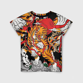 Детская футболка 3D с принтом Самурайский тигр в Екатеринбурге, 100% гипоаллергенный полиэфир | прямой крой, круглый вырез горловины, длина до линии бедер, чуть спущенное плечо, ткань немного тянется | воин | год тигра | закат | крупная кошка | полосы | тигр | тигриная лапа | хищник