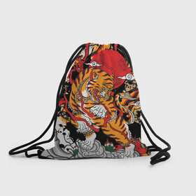 Рюкзак-мешок 3D с принтом Самурайский тигр в Екатеринбурге, 100% полиэстер | плотность ткани — 200 г/м2, размер — 35 х 45 см; лямки — толстые шнурки, застежка на шнуровке, без карманов и подкладки | воин | год тигра | закат | крупная кошка | полосы | тигр | тигриная лапа | хищник