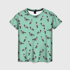 Женская футболка 3D с принтом Голуби на зеленом в Екатеринбурге, 100% полиэфир ( синтетическое хлопкоподобное полотно) | прямой крой, круглый вырез горловины, длина до линии бедер | pigeon | голуби | голубь | домашние голуби | зеленый | иллюстрация | паттерн | птицы | рисунок