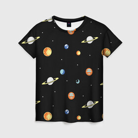Женская футболка 3D с принтом Планеты в космосе в Екатеринбурге, 100% полиэфир ( синтетическое хлопкоподобное полотно) | прямой крой, круглый вырез горловины, длина до линии бедер | Тематика изображения на принте: венера | звезды | земля | иллюстрация | космос | паттерн | планеты | рисунок | сатурн | черный | юпитер