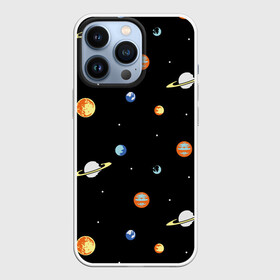Чехол для iPhone 13 Pro с принтом Планеты в космосе в Екатеринбурге,  |  | Тематика изображения на принте: венера | звезды | земля | иллюстрация | космос | паттерн | планеты | рисунок | сатурн | черный | юпитер