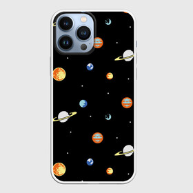 Чехол для iPhone 13 Pro Max с принтом Планеты в космосе в Екатеринбурге,  |  | Тематика изображения на принте: венера | звезды | земля | иллюстрация | космос | паттерн | планеты | рисунок | сатурн | черный | юпитер