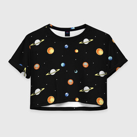 Женская футболка Crop-top 3D с принтом Планеты в космосе в Екатеринбурге, 100% полиэстер | круглая горловина, длина футболки до линии талии, рукава с отворотами | Тематика изображения на принте: венера | звезды | земля | иллюстрация | космос | паттерн | планеты | рисунок | сатурн | черный | юпитер