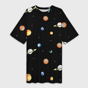 Платье-футболка 3D с принтом Планеты в космосе в Екатеринбурге,  |  | Тематика изображения на принте: венера | звезды | земля | иллюстрация | космос | паттерн | планеты | рисунок | сатурн | черный | юпитер