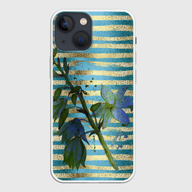 Чехол для iPhone 13 mini с принтом Сумеречные цветы и золото в Екатеринбурге,  |  | акварель | бирюзовые | брызги | вечер | женственный | золотистые | золото | золотые | полоски | сумерки | цветок | цветочки | цветочный | цветы