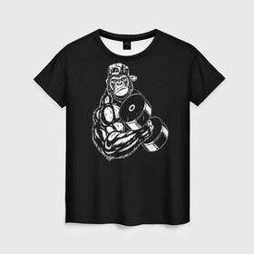 Женская футболка 3D с принтом Ironmonkey в Екатеринбурге, 100% полиэфир ( синтетическое хлопкоподобное полотно) | прямой крой, круглый вырез горловины, длина до линии бедер | fitness | gorilla | gym | monkey | power | sport | strength | горилла | качалка | мощь | сила | спорт | фитнес