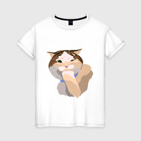 Женская футболка хлопок с принтом Подмигивающий котик в Екатеринбурге, 100% хлопок | прямой крой, круглый вырез горловины, длина до линии бедер, слегка спущенное плечо | котик | милый | подмигивание | пушистый | пятна