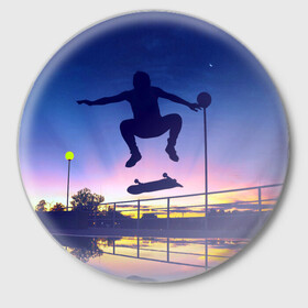 Значок с принтом Skateboarding в Екатеринбурге,  металл | круглая форма, металлическая застежка в виде булавки | Тематика изображения на принте: board | man | skate | skateboard | skateboarder | skateboarding | sport | street | sunset | доска | закат | скейт | скейтборд | скейтбординг | скейтбордист | спорт | улица | человек