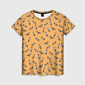 Женская футболка 3D с принтом Голуби паттерн на желтом в Екатеринбурге, 100% полиэфир ( синтетическое хлопкоподобное полотно) | прямой крой, круглый вырез горловины, длина до линии бедер | голуби | голубь | домашние голуби | желтый | иллюстрация | паттерн | птица | птицы