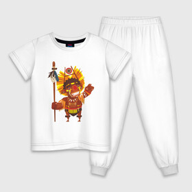 Детская пижама хлопок с принтом Вождь краснокожих в Екатеринбурге, 100% хлопок |  брюки и футболка прямого кроя, без карманов, на брюках мягкая резинка на поясе и по низу штанин
 | Тематика изображения на принте: америка | вождь | вождь племени | индеец | копье | костюм индейца | племя