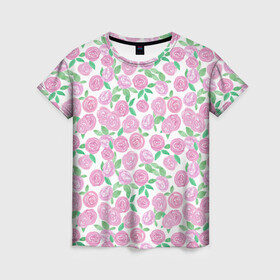 Женская футболка 3D с принтом Розовые акварельные розы в Екатеринбурге, 100% полиэфир ( синтетическое хлопкоподобное полотно) | прямой крой, круглый вырез горловины, длина до линии бедер | акварель | акварельные цветы | детский | для женщин | модный | розовый | розы | цветы