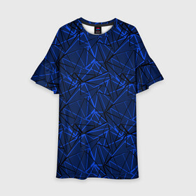Детское платье 3D с принтом Черно-синий геометрический   в Екатеринбурге, 100% полиэстер | прямой силуэт, чуть расширенный к низу. Круглая горловина, на рукавах — воланы | абстрактный | геометрические фигуры | геометрический | модный | молодежный | полосы | синий | синий и черный