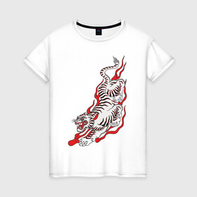 Женская футболка хлопок с принтом Тигр самурая в Екатеринбурге, 100% хлопок | прямой крой, круглый вырез горловины, длина до линии бедер, слегка спущенное плечо | tiger | год тигра | животное | кошки | огонь | самурай | тигр | хищник | япония