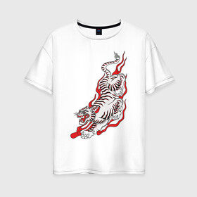 Женская футболка хлопок Oversize с принтом Тигр самурая в Екатеринбурге, 100% хлопок | свободный крой, круглый ворот, спущенный рукав, длина до линии бедер
 | tiger | год тигра | животное | кошки | огонь | самурай | тигр | хищник | япония