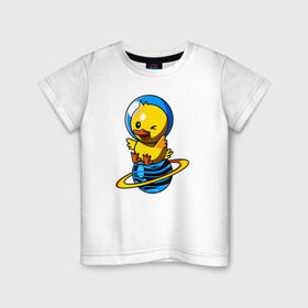 Детская футболка хлопок с принтом Утенок-космонавт в Екатеринбурге, 100% хлопок | круглый вырез горловины, полуприлегающий силуэт, длина до линии бедер | Тематика изображения на принте: космонавт | космос | планета | птица | скафандр | утенок | утка