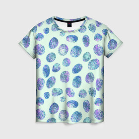 Женская футболка 3D с принтом Драгоценные синие камни  в Екатеринбурге, 100% полиэфир ( синтетическое хлопкоподобное полотно) | прямой крой, круглый вырез горловины, длина до линии бедер | абстракция | драгоценные камни | зеленый | нежный принт | синий | сияние | фиолетовый | цвет
