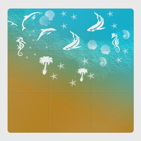 Магнитный плакат 3Х3 с принтом Морское ассорти в Екатеринбурге, Полимерный материал с магнитным слоем | 9 деталей размером 9*9 см | акулы | волна | дельфины | море | морепродукты | морские животные | морской | пальмы | песок | ракушки | рыбы