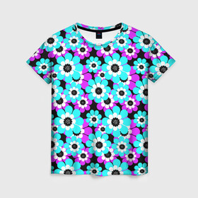 Женская футболка 3D с принтом Яркие бирюзовые цветы  в Екатеринбурге, 100% полиэфир ( синтетическое хлопкоподобное полотно) | прямой крой, круглый вырез горловины, длина до линии бедер | бирюзовые цветы | бордовый | детский | для детей | малышам | неоновый | ретро | цветочный узор